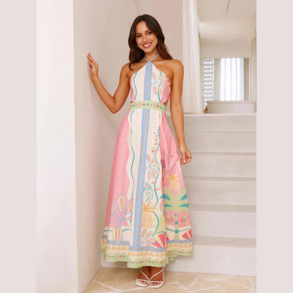 Sunset Riviera Halter Maxi Dress