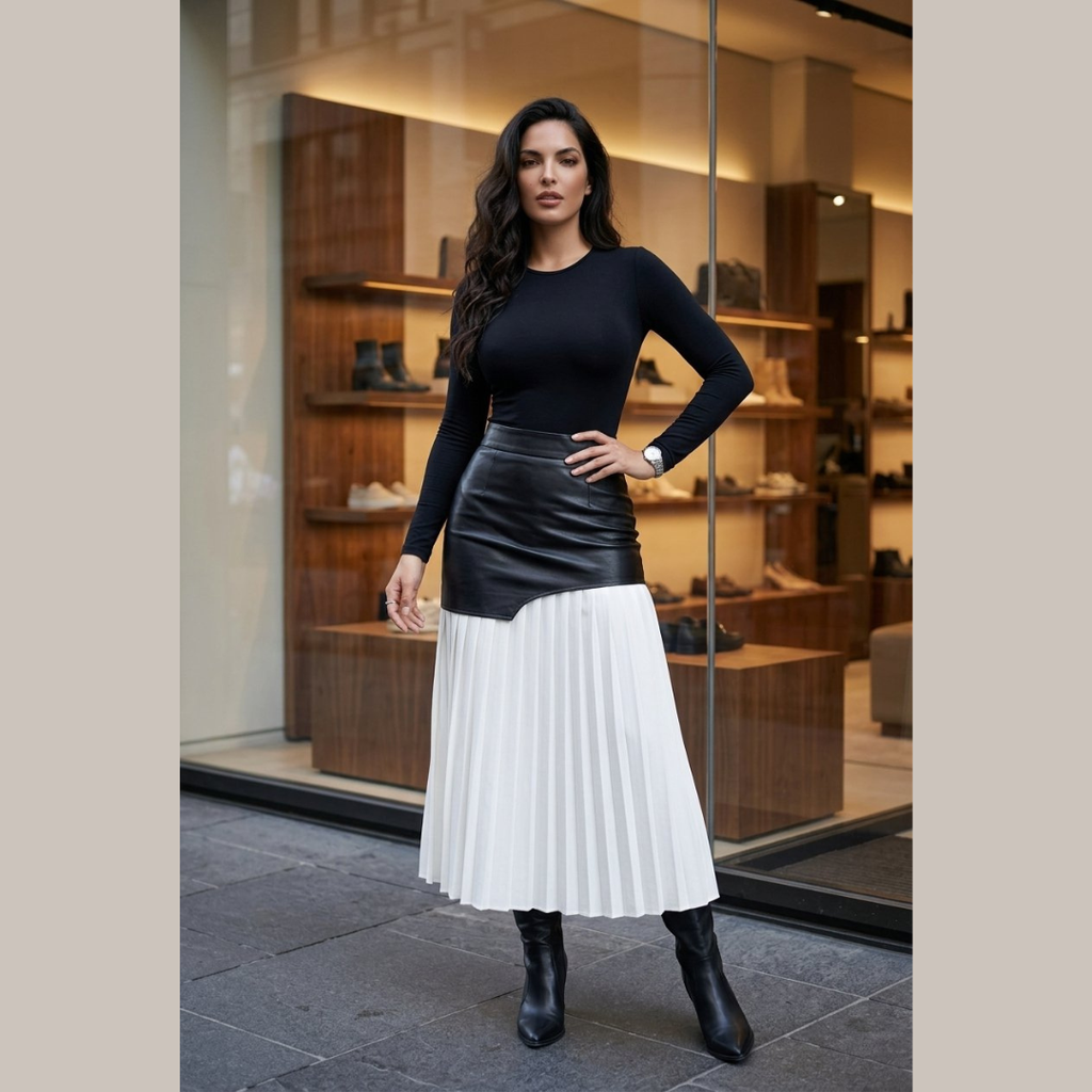 Noir Contrast Pleated Midi Skirt