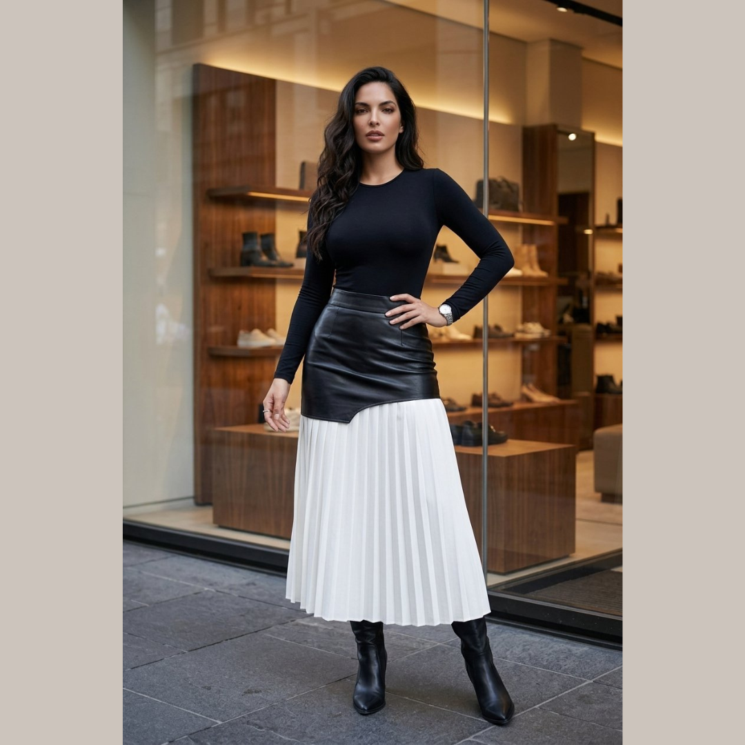 Noir Contrast Pleated Midi Skirt