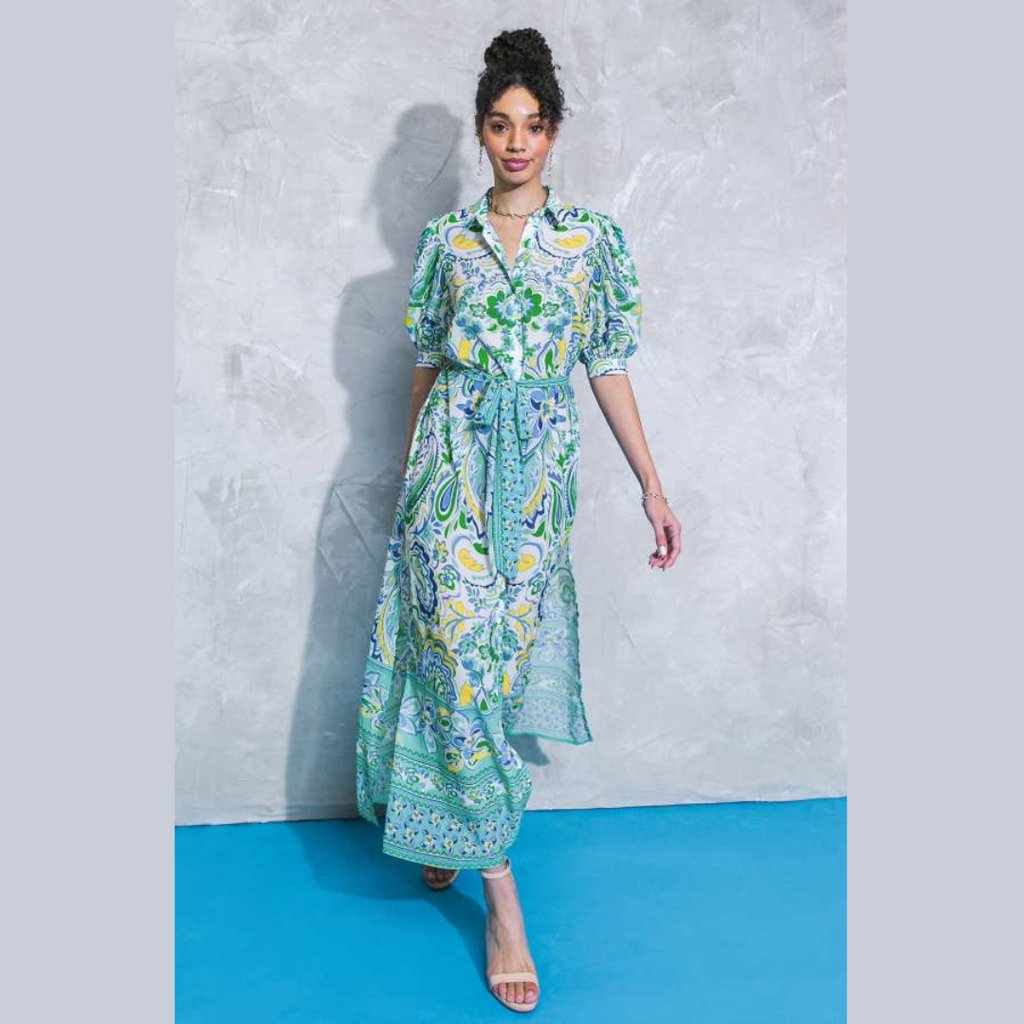 Mediterranean Garden Maxi Shirt Dress
