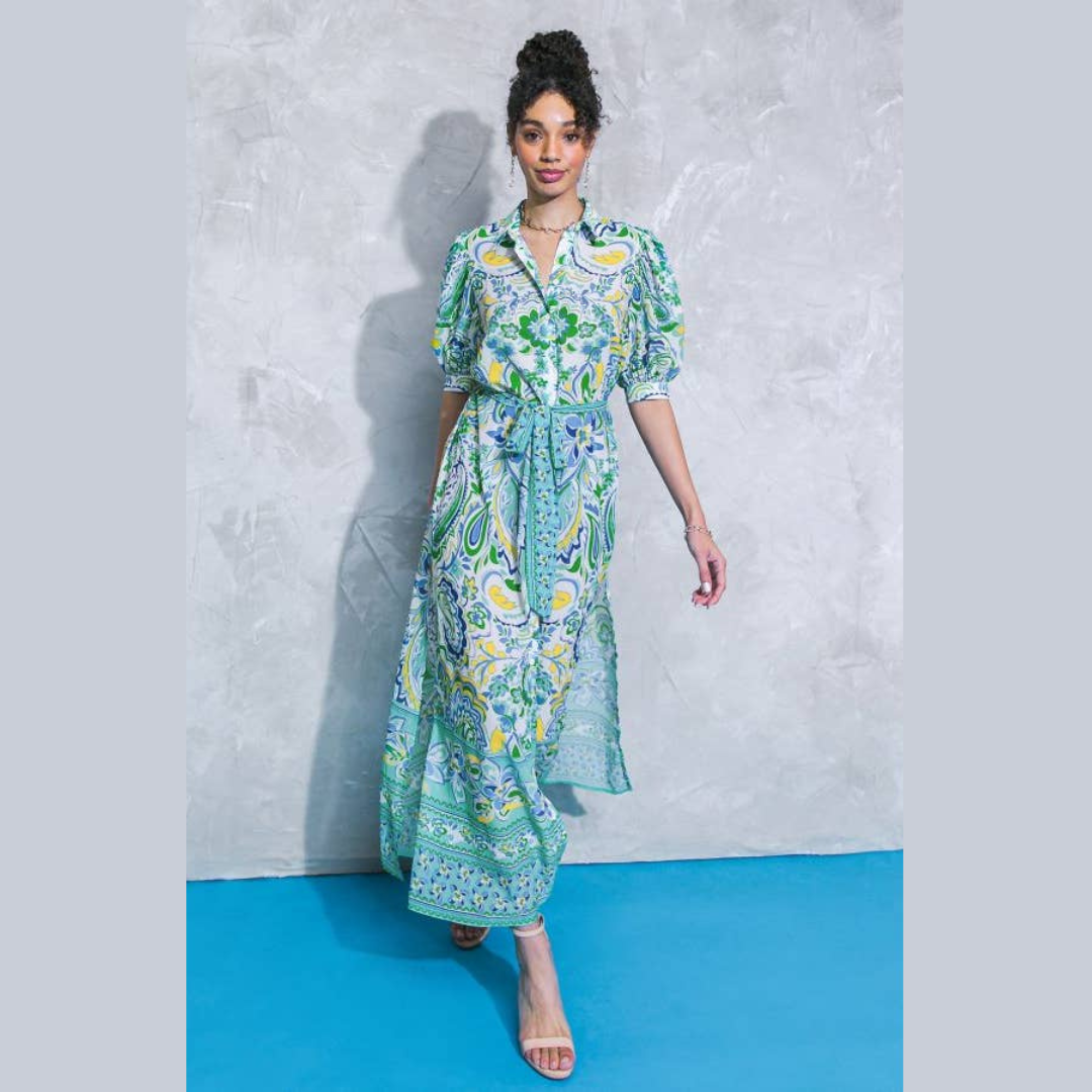 Mediterranean Garden Maxi Shirt Dress