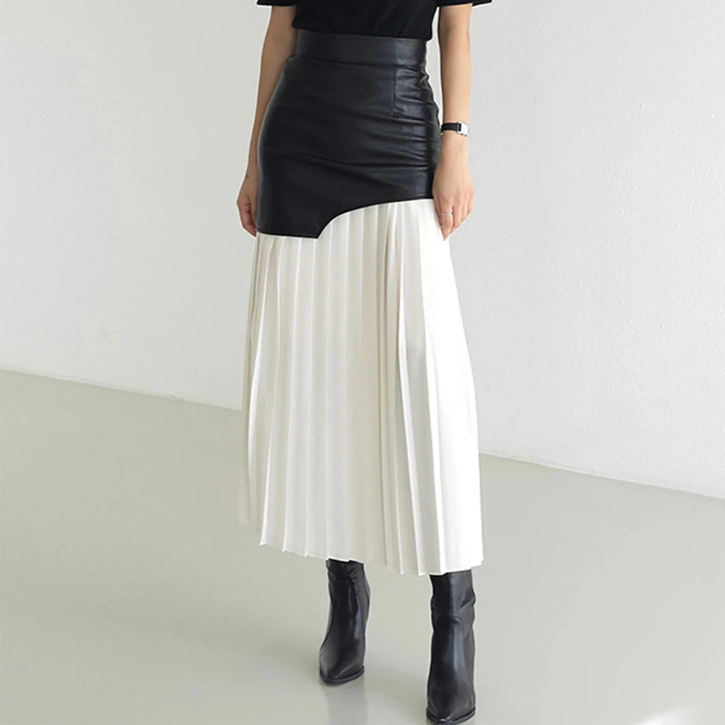 Noir Contrast Pleated Midi Skirt