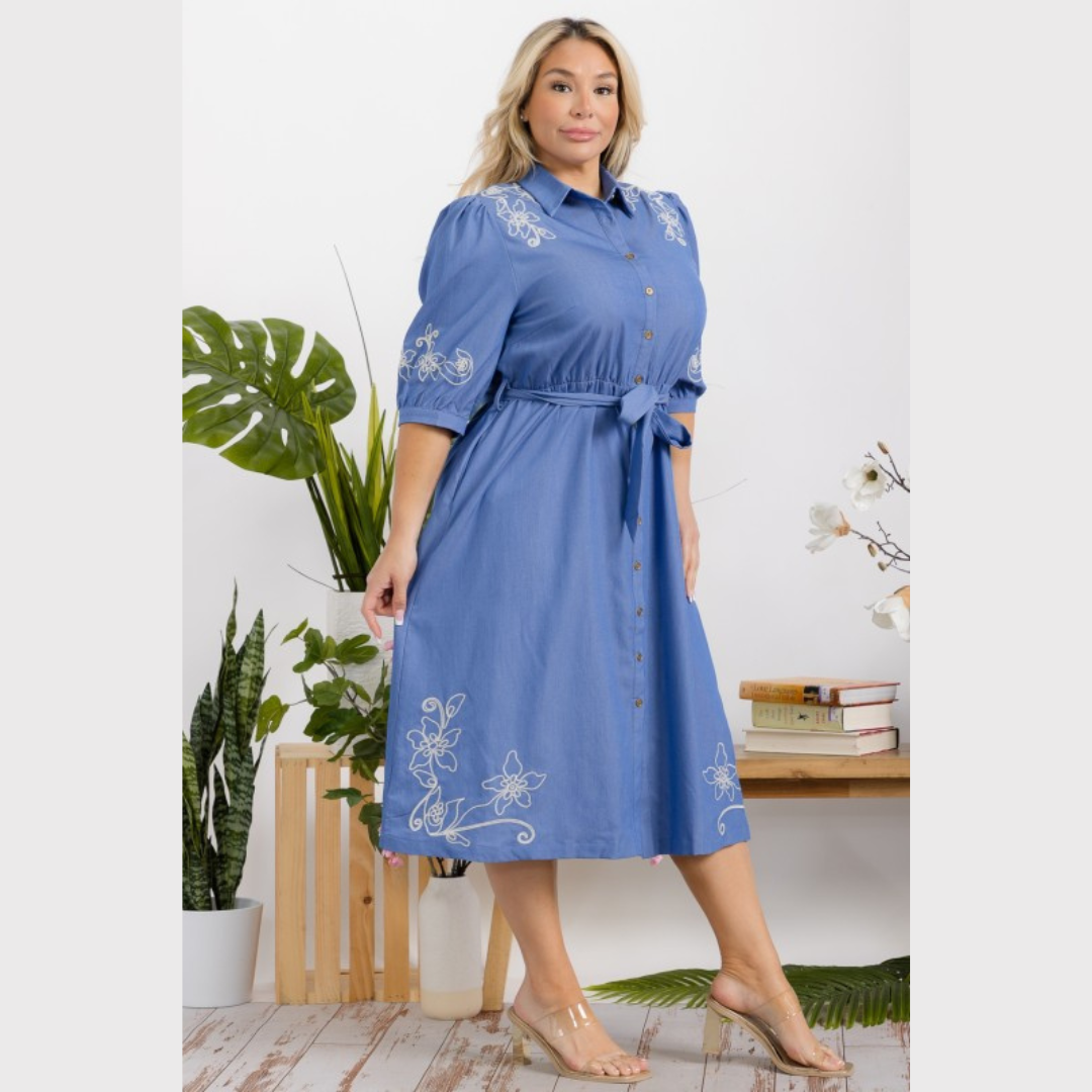 Denim Grace Embroidered Midi Dress