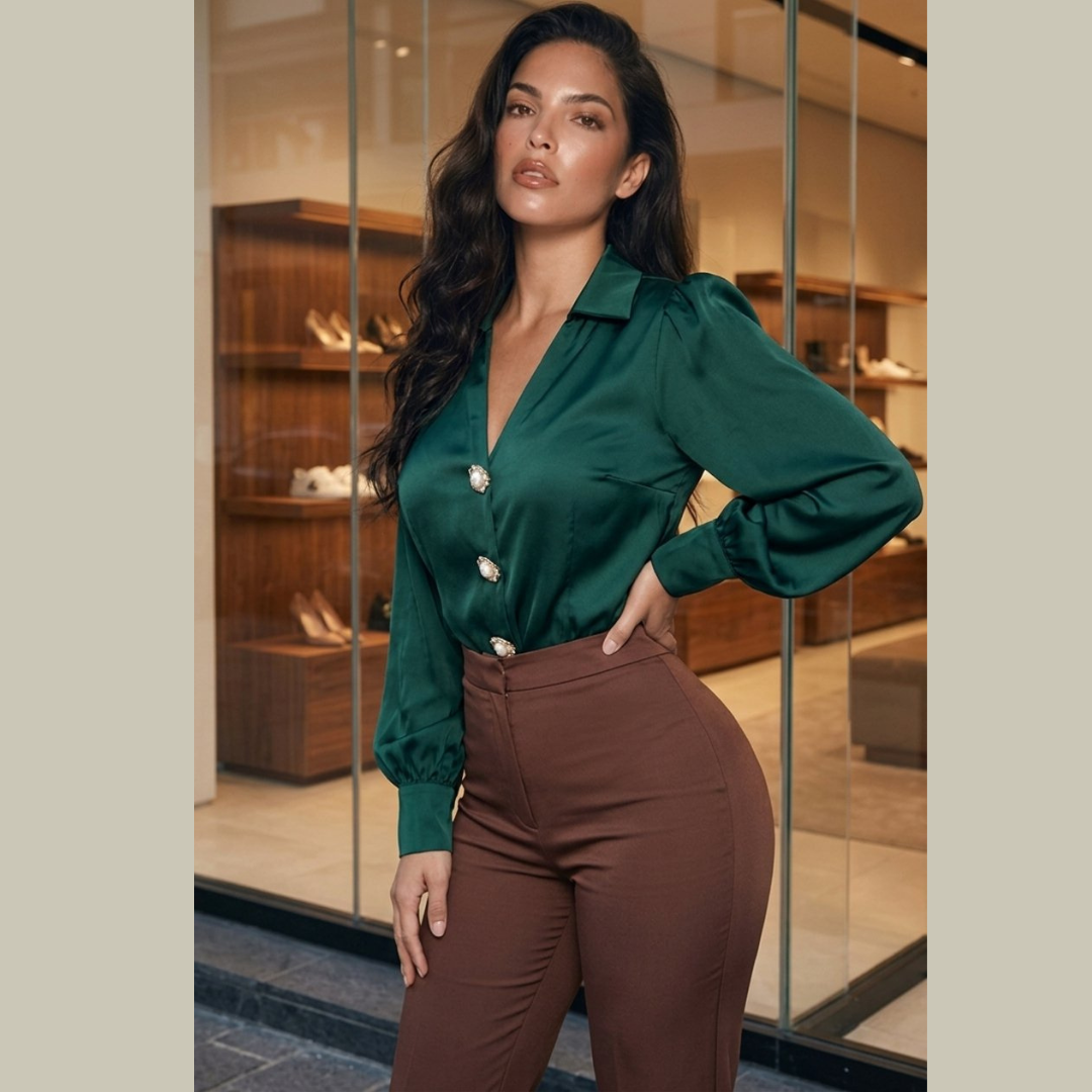 Lantern Sleeve Blouse-Dark Green