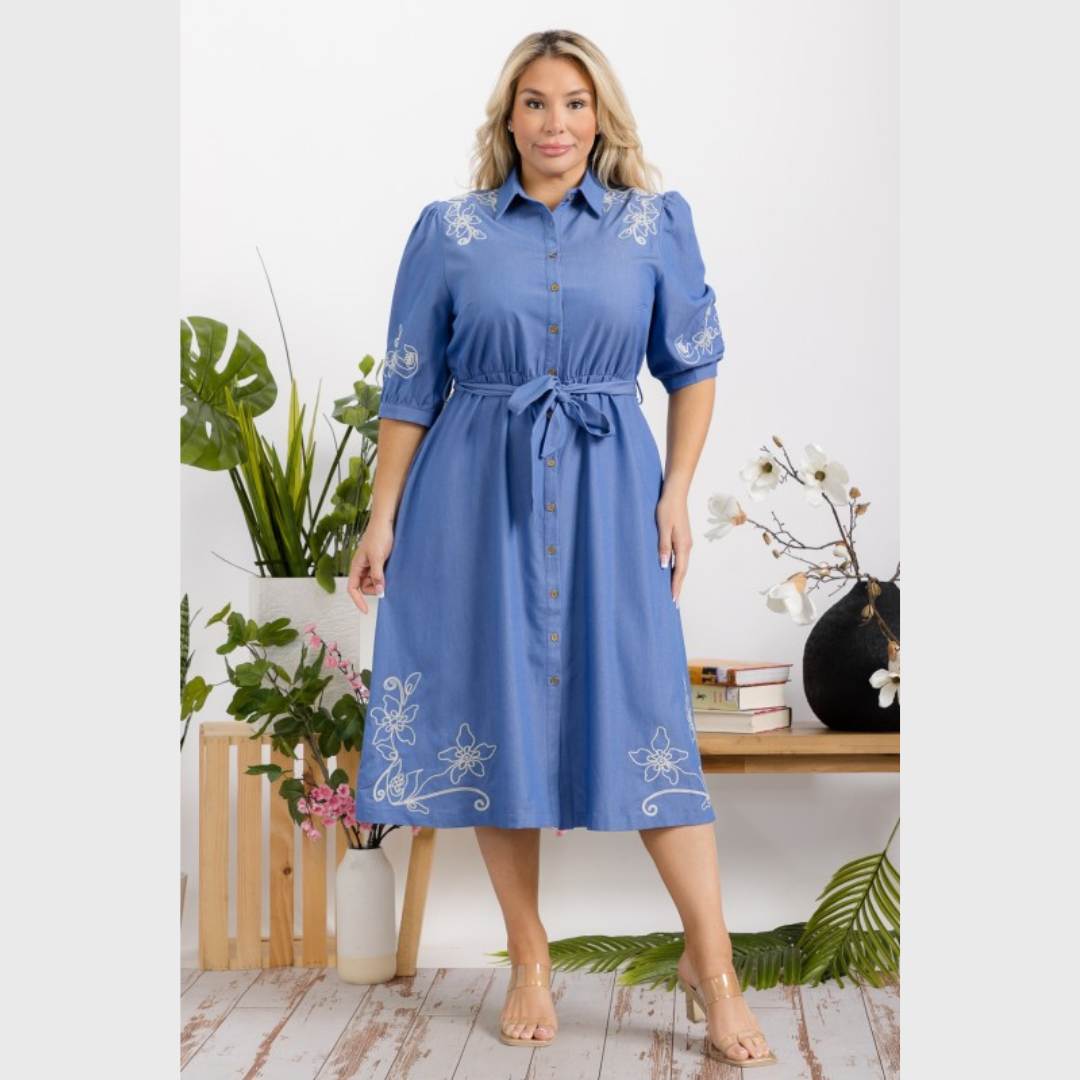 Denim Grace Embroidered Midi Dress