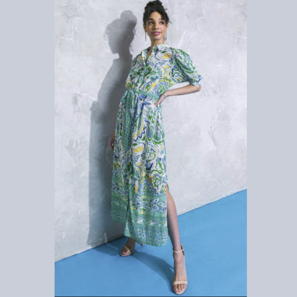 Mediterranean Garden Maxi Shirt Dress