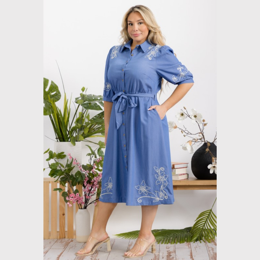 Denim Grace Embroidered Midi Dress