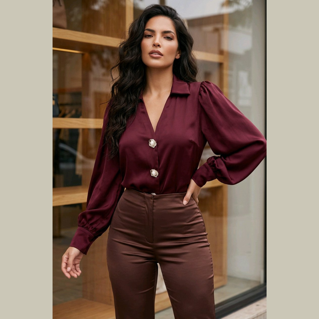Lantern Sleeve Blouse-Wine