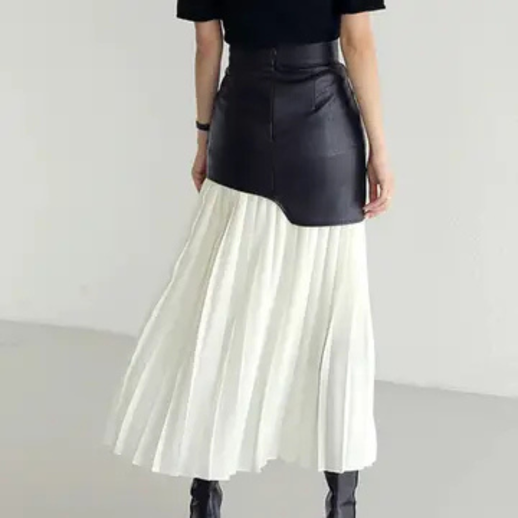 Noir Contrast Pleated Midi Skirt