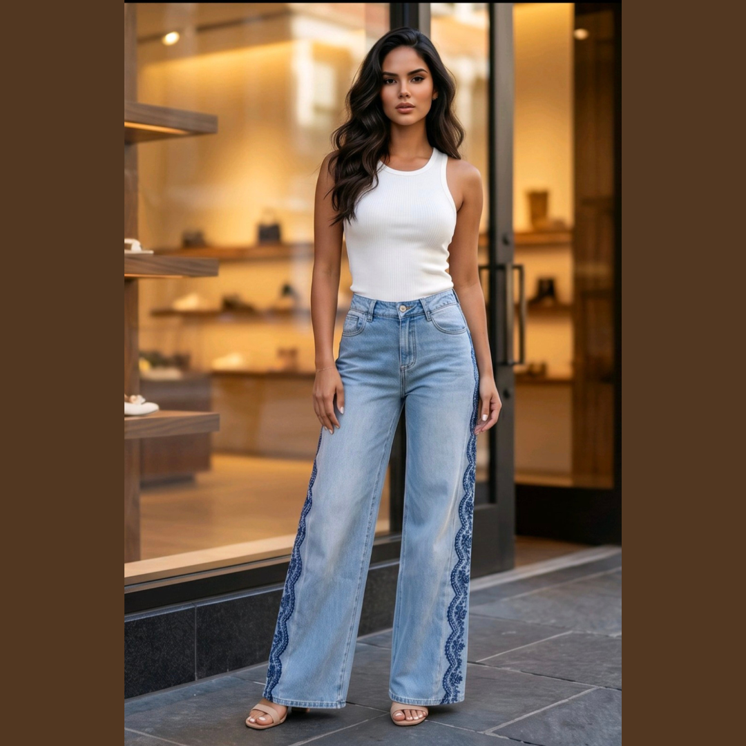 Sparkle Lace Wide Leg Denim Jeans