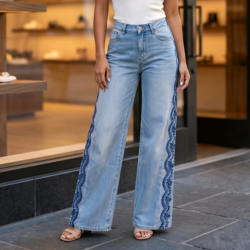 Sparkle Lace Wide Leg Denim Jeans