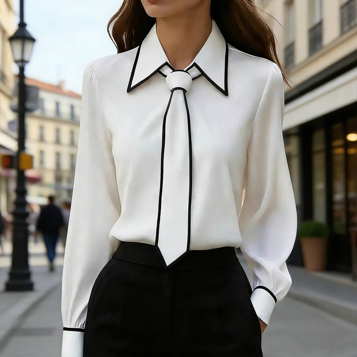 Classic Contrast Tie Blouse