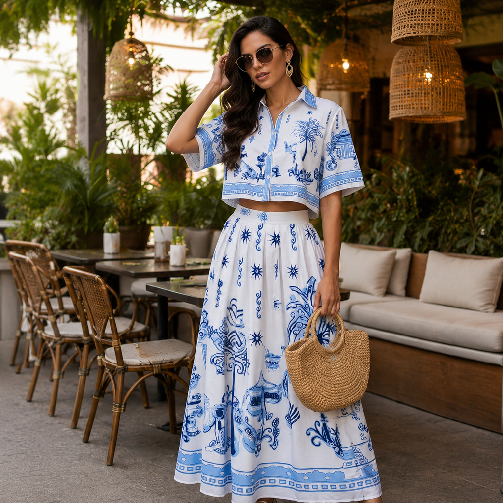 Mediterranean Blue Printed Skirt Set