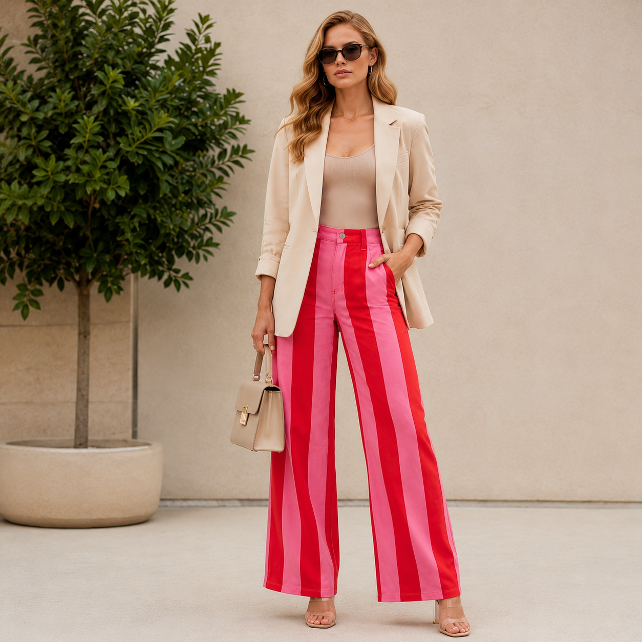 Pink & Red Stripe Wide-Leg Jeans