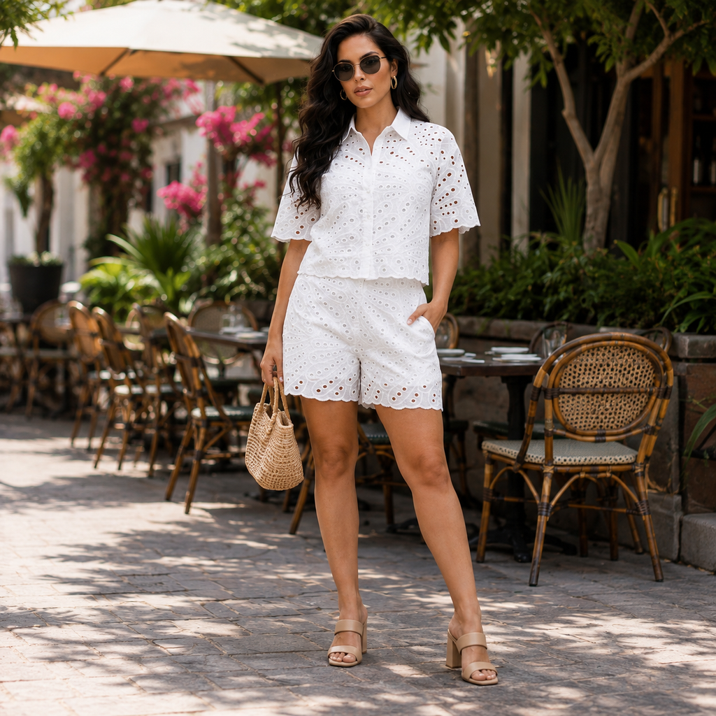 White Eyelet Shorts Set
