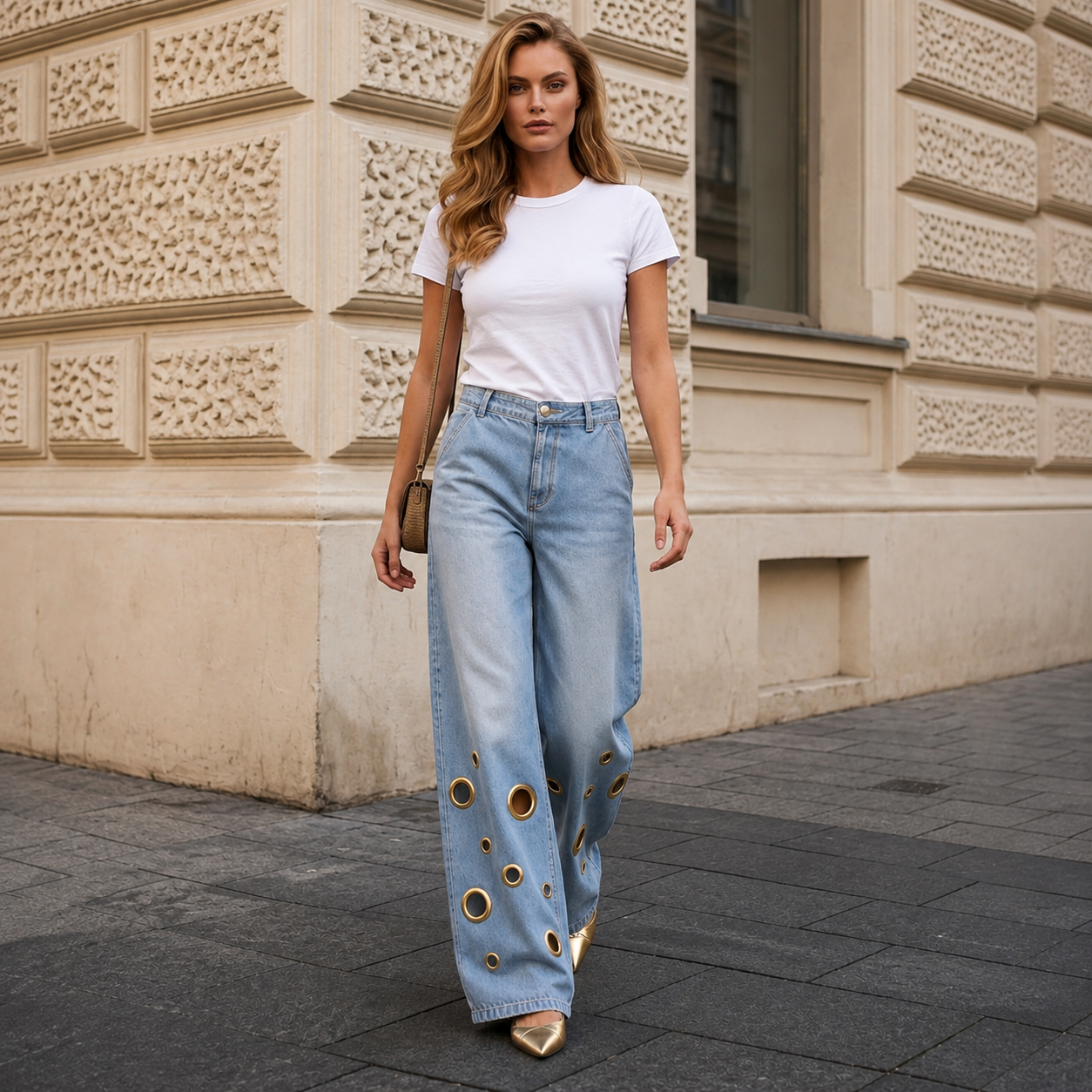 Gold Grommet Wide-Leg Jeans