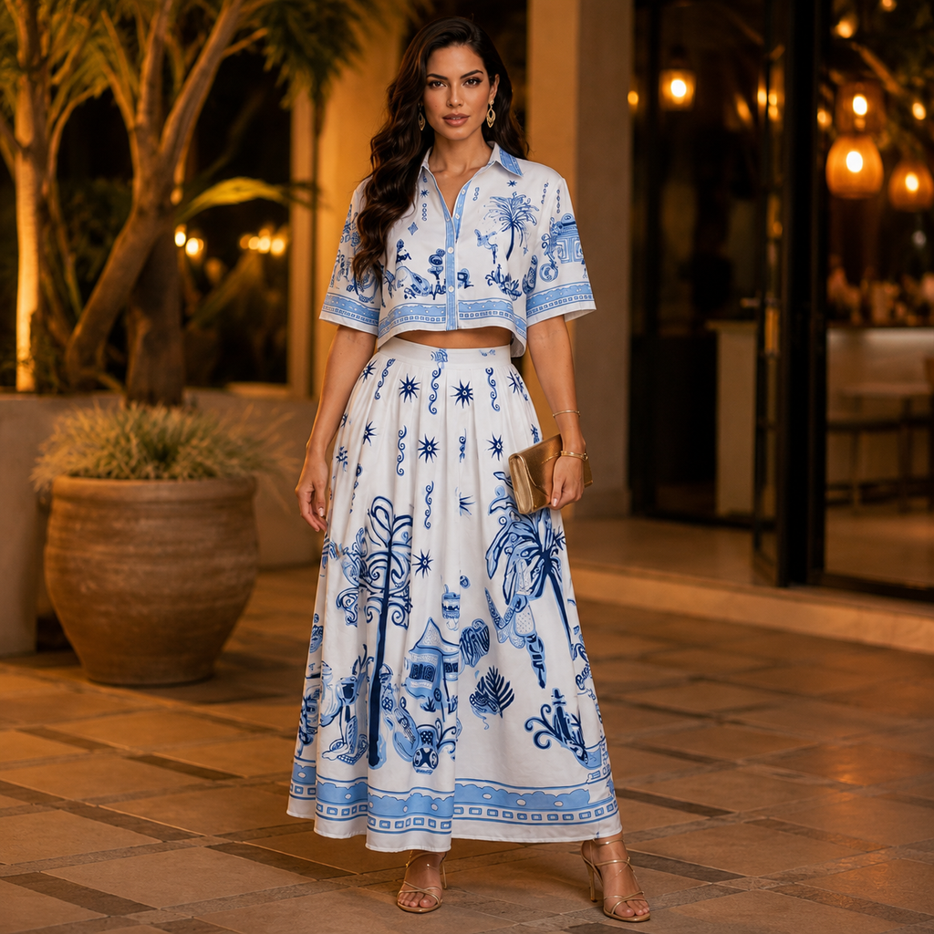 Mediterranean Blue Printed Skirt Set