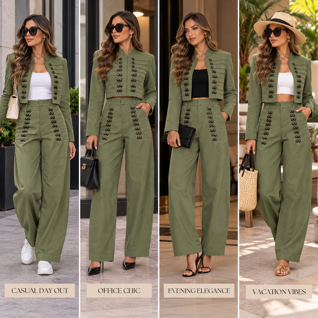 Olive Military Button Two-Piece Set